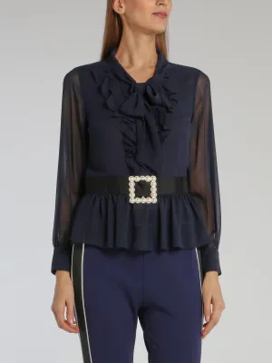 Navy Belted Ruffle Top