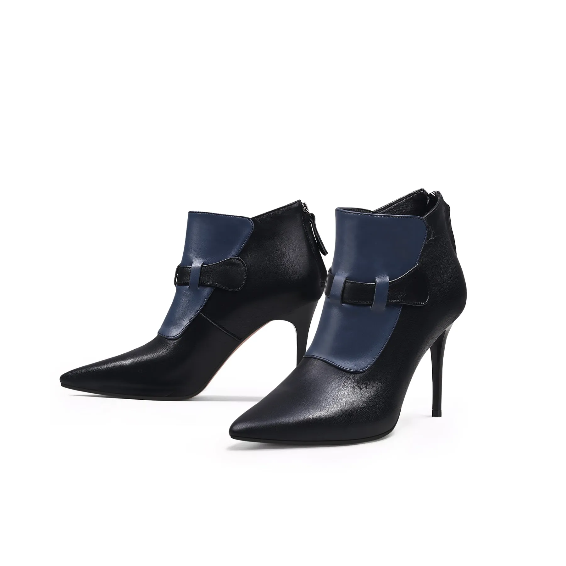 Navy Black Leather Stiletto Bootie - Navy