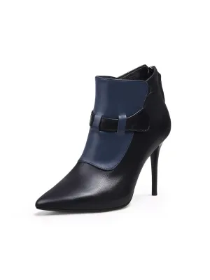 Navy Black Leather Stiletto Bootie - Navy