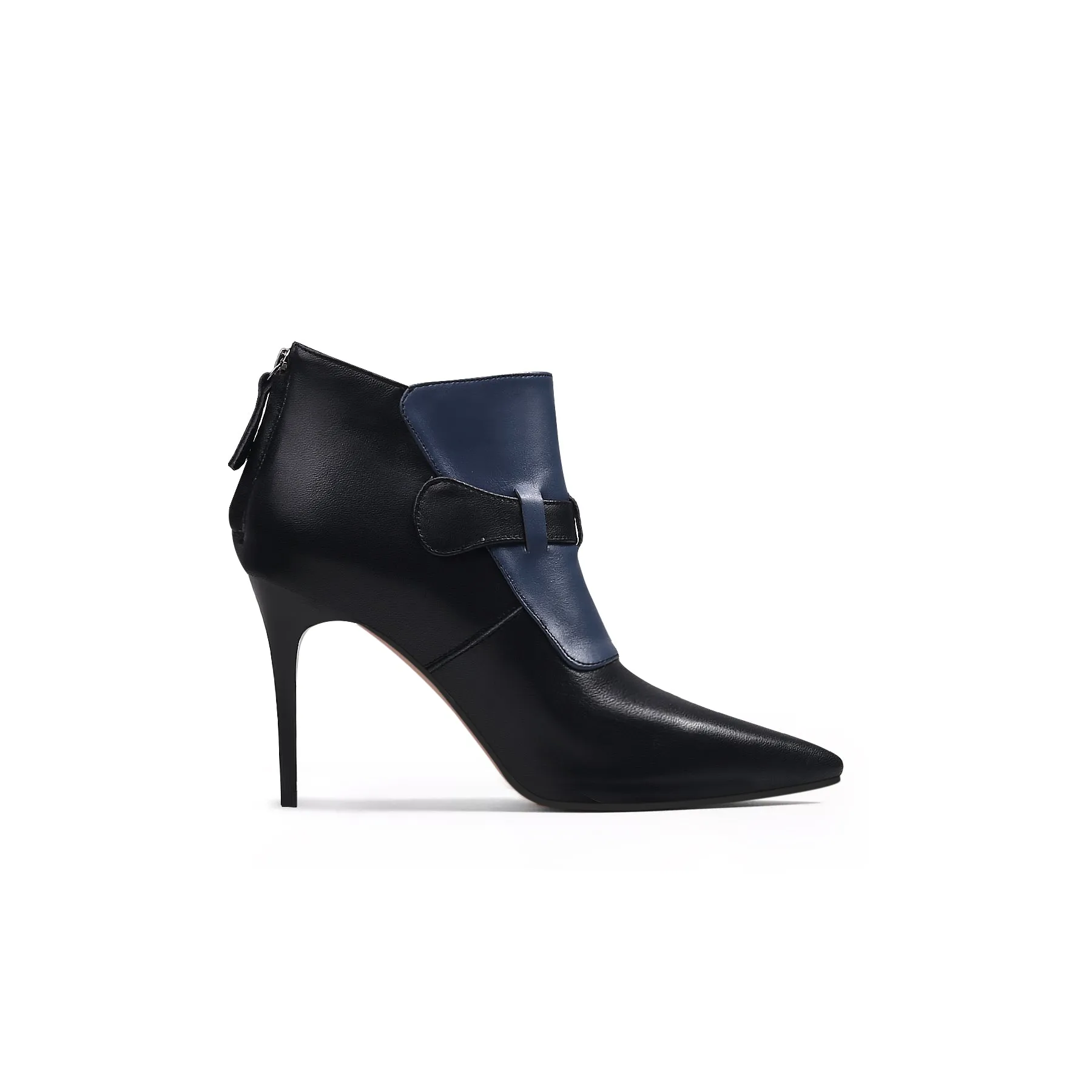 Navy Black Leather Stiletto Bootie - Navy