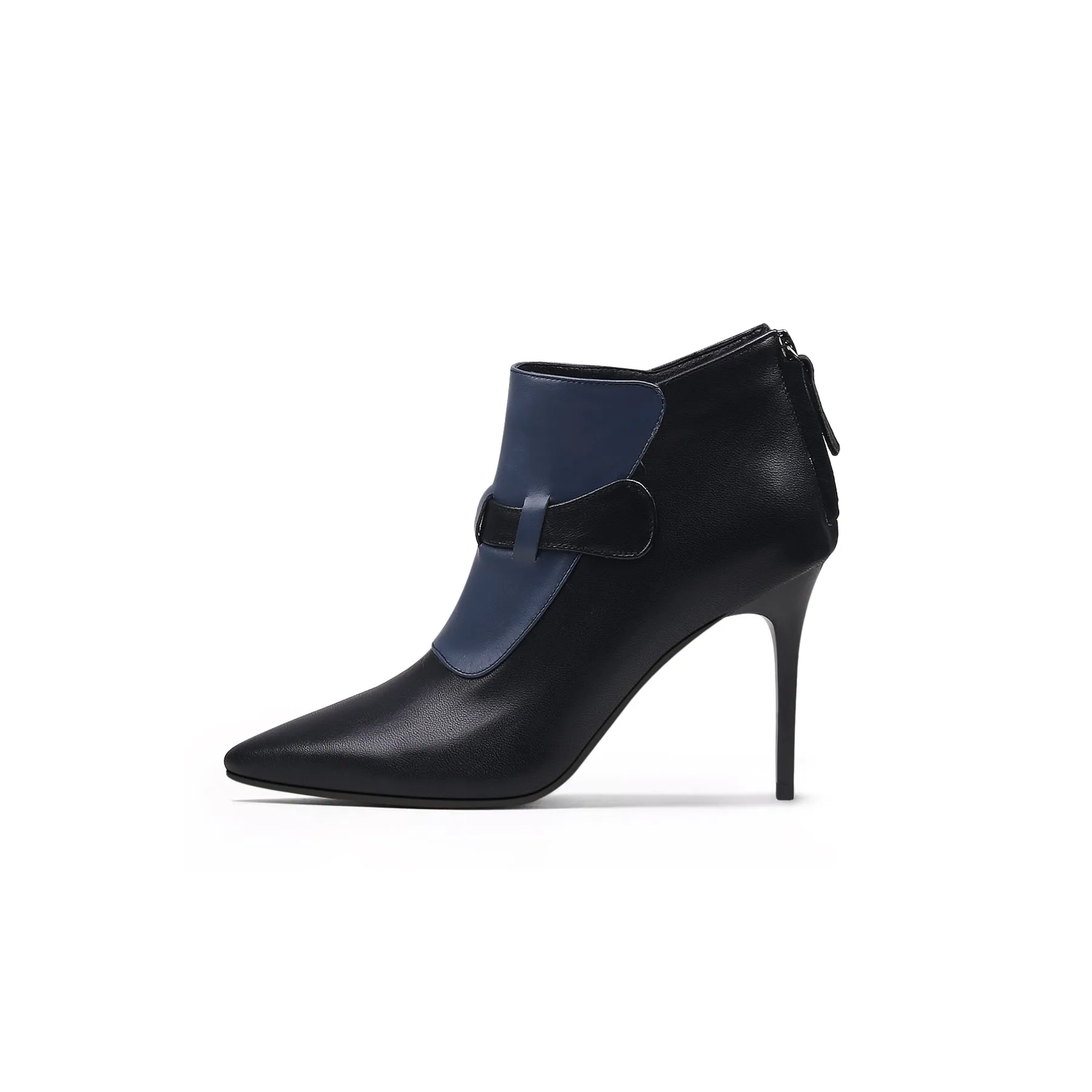 Navy Black Leather Stiletto Bootie - Navy