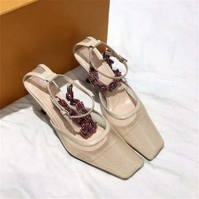 New Fashion Women's Sandals Soft Genuine Leather Women's Shoes Sweet Mesh Bling Chain High Heels Shoes Mature Ladies Party Shoes
