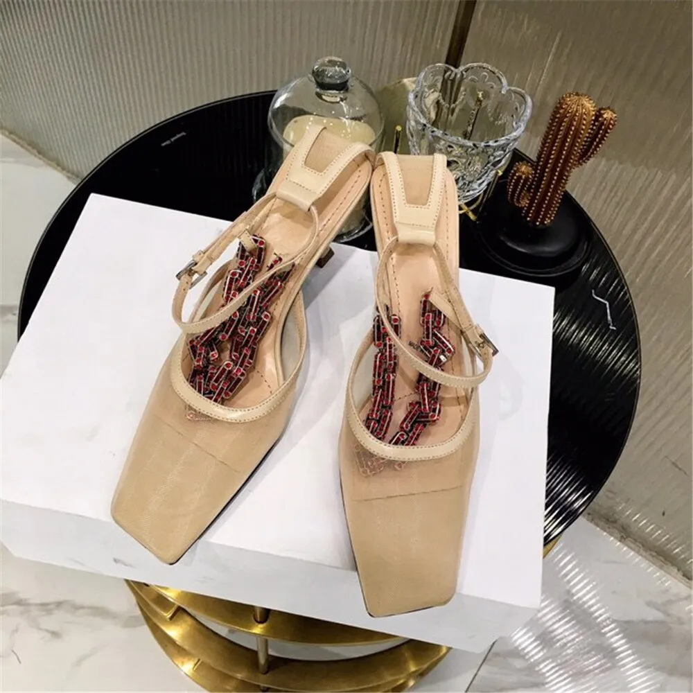 New Fashion Women's Sandals Soft Genuine Leather Women's Shoes Sweet Mesh Bling Chain High Heels Shoes Mature Ladies Party Shoes