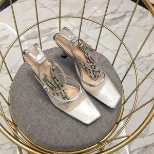 New Fashion Women's Sandals Soft Genuine Leather Women's Shoes Sweet Mesh Bling Chain High Heels Shoes Mature Ladies Party Shoes