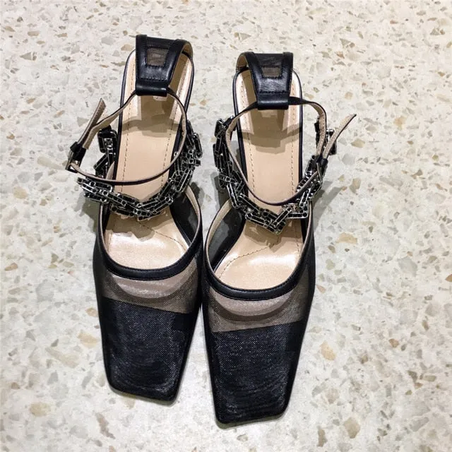 New Fashion Women's Sandals Soft Genuine Leather Women's Shoes Sweet Mesh Bling Chain High Heels Shoes Mature Ladies Party Shoes