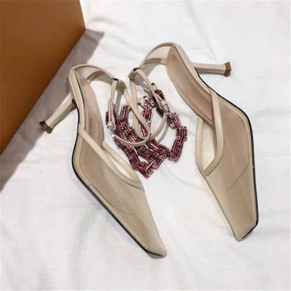New Fashion Women's Sandals Soft Genuine Leather Women's Shoes Sweet Mesh Bling Chain High Heels Shoes Mature Ladies Party Shoes