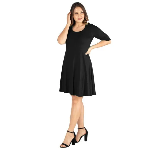 New Lands' End Women's Petite Elbow Slv Ponte Boat-Neck Fit & Flare Dress, Black, Sz M 10-12!