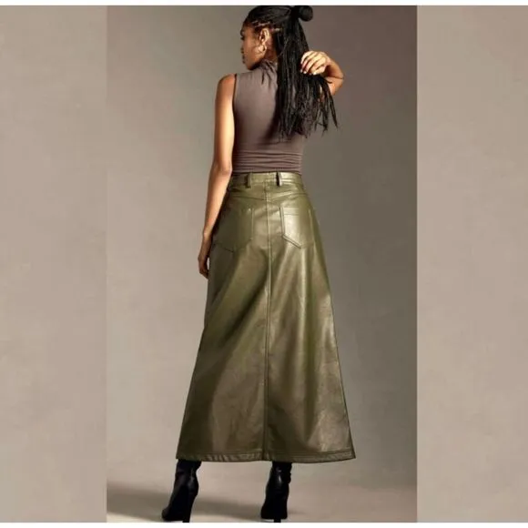 New! Pilcro The Madi Faux Leather Front Slit Denim Maxi Skirt, 8