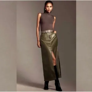 New! Pilcro The Madi Faux Leather Front Slit Denim Maxi Skirt, 8