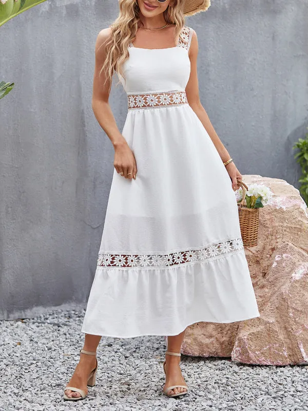 New style solid color hollow lace stitching square collar sleeveless suspender dress
