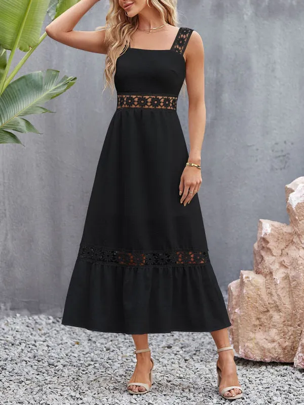 New style solid color hollow lace stitching square collar sleeveless suspender dress