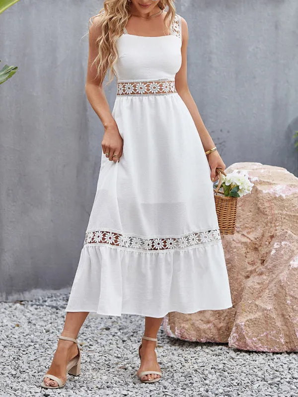New style solid color hollow lace stitching square collar sleeveless suspender dress