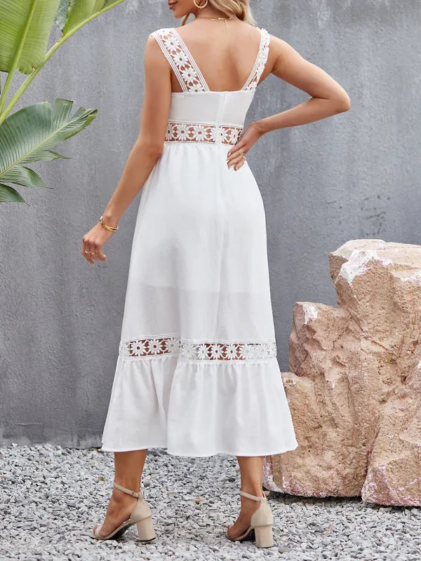 New style solid color hollow lace stitching square collar sleeveless suspender dress