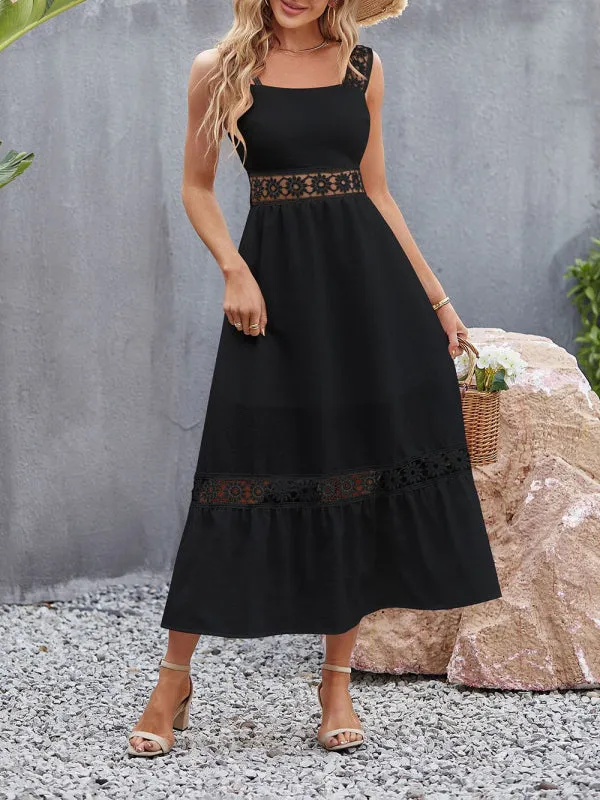 New style solid color hollow lace stitching square collar sleeveless suspender dress