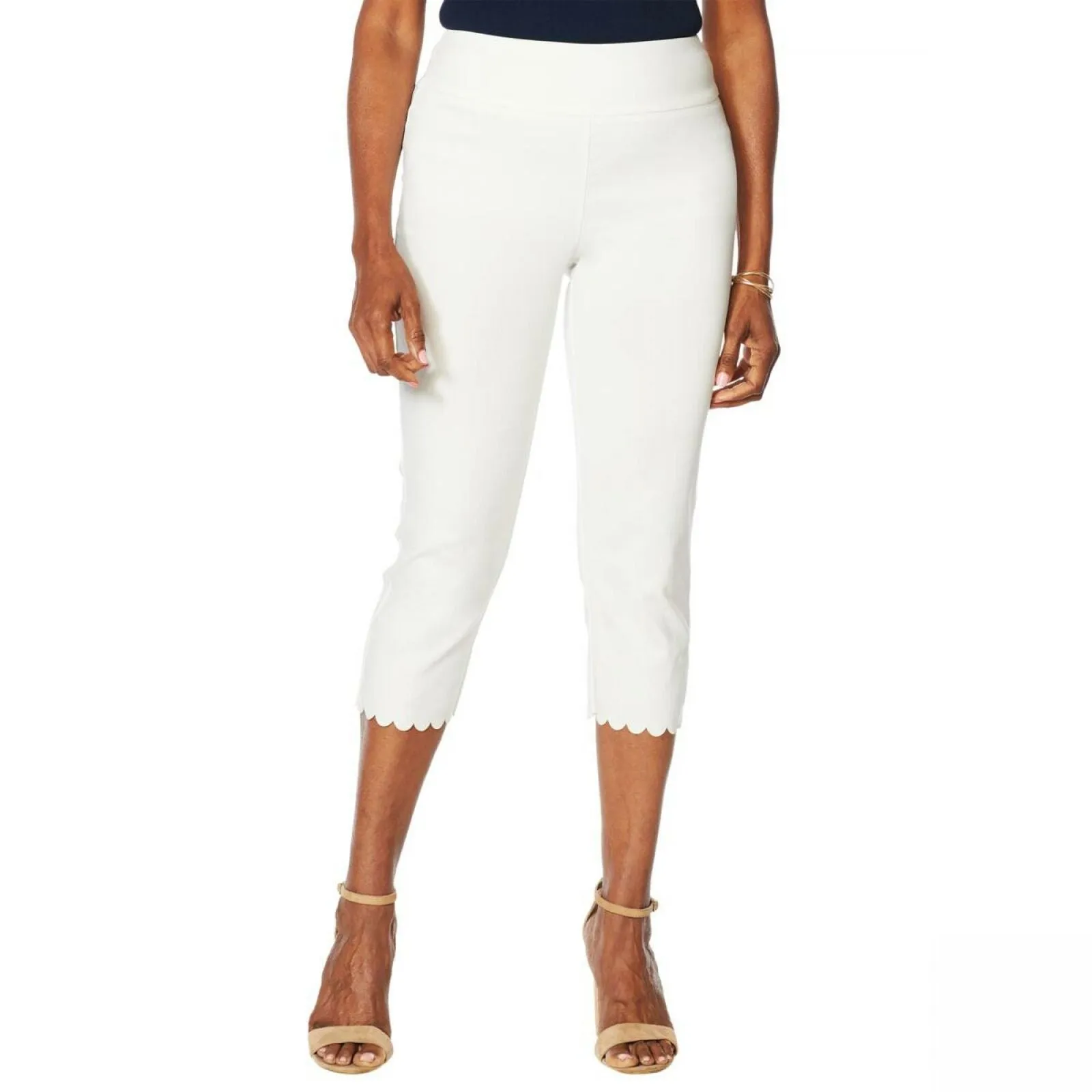 Nina Leonard Women's Plus Size Pull On Stretch Scallop Hem Cropped Pants