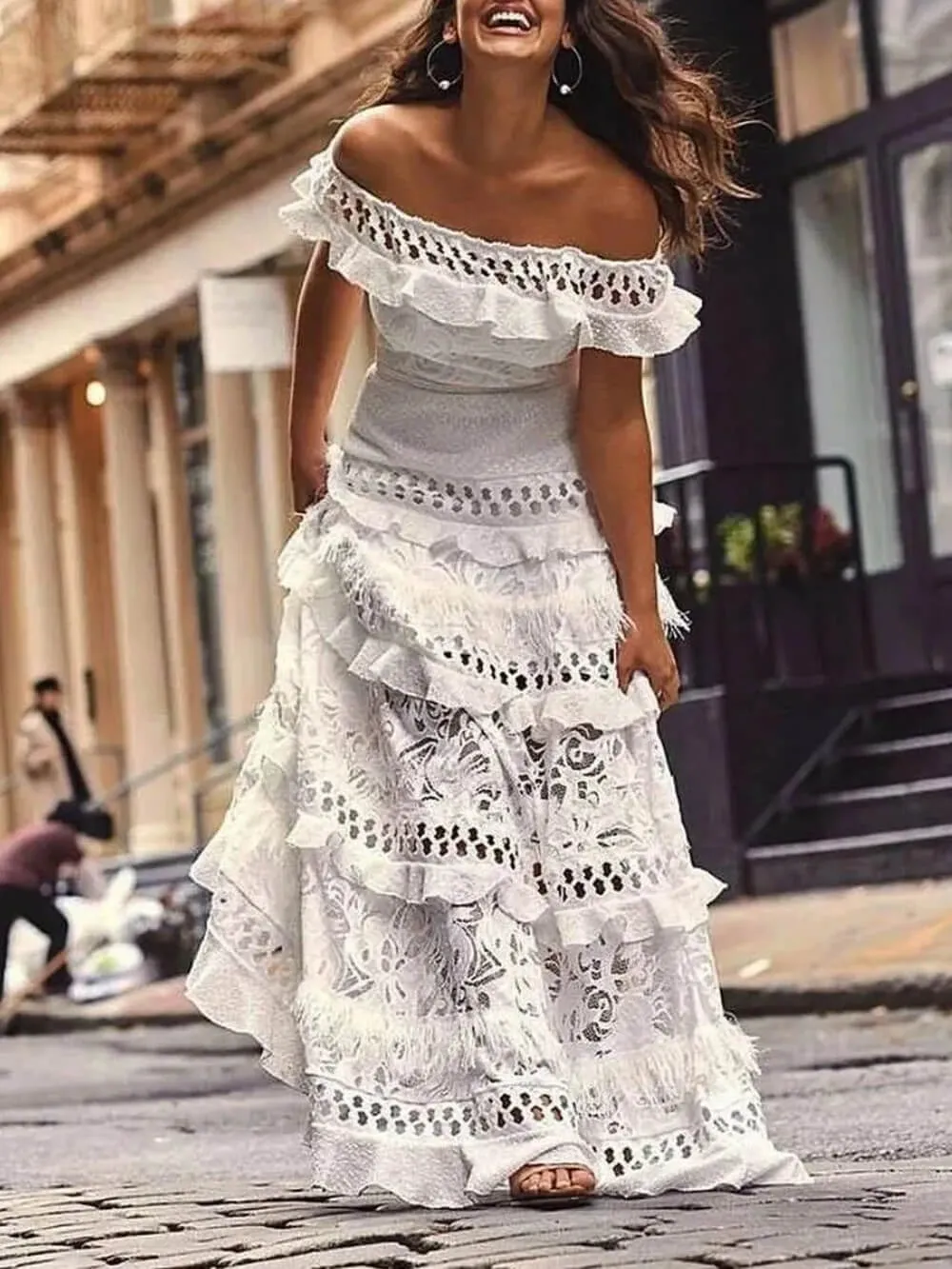 One-Shoulder Ruffled Hollow Swing Graceful Lace Patchwork Long Dress