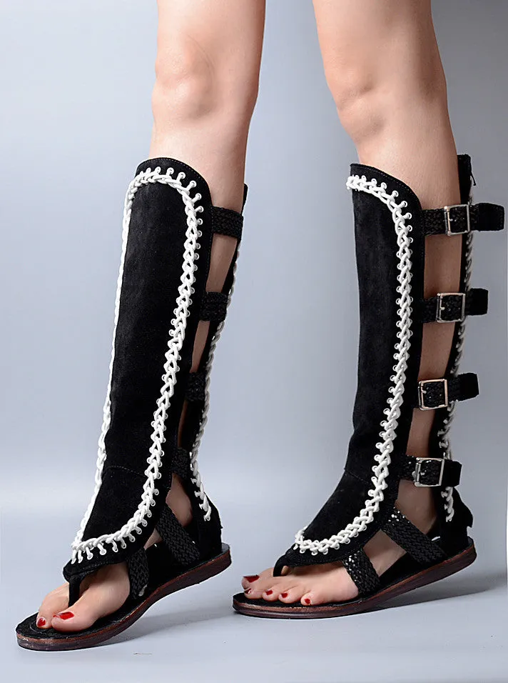 Open Toe Thick Bottomed Hollow Out Women Knee High Boots Sandals Flat White Knitting Mix Suede Leather Sandals