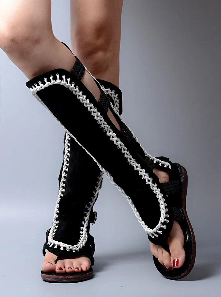 Open Toe Thick Bottomed Hollow Out Women Knee High Boots Sandals Flat White Knitting Mix Suede Leather Sandals
