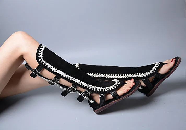 Open Toe Thick Bottomed Hollow Out Women Knee High Boots Sandals Flat White Knitting Mix Suede Leather Sandals