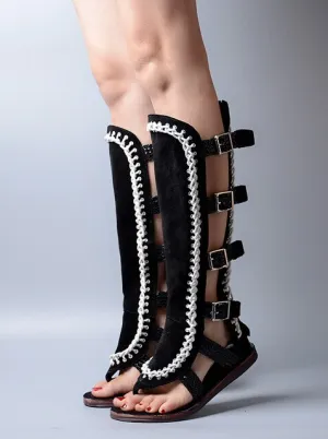 Open Toe Thick Bottomed Hollow Out Women Knee High Boots Sandals Flat White Knitting Mix Suede Leather Sandals