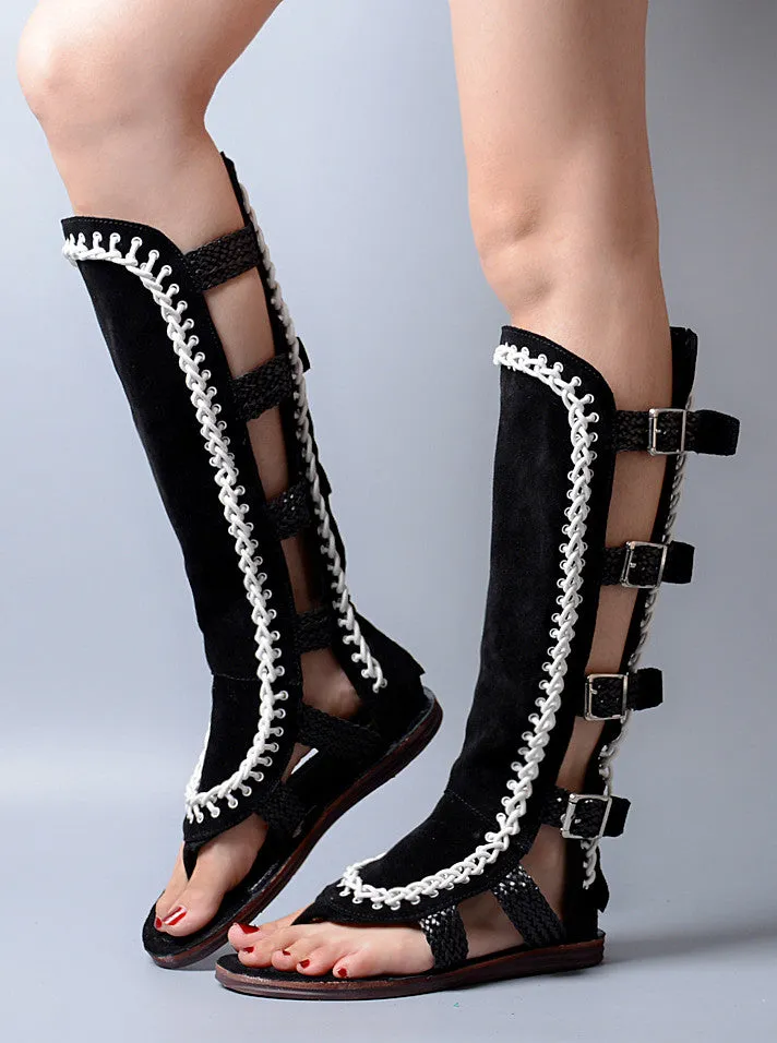 Open Toe Thick Bottomed Hollow Out Women Knee High Boots Sandals Flat White Knitting Mix Suede Leather Sandals