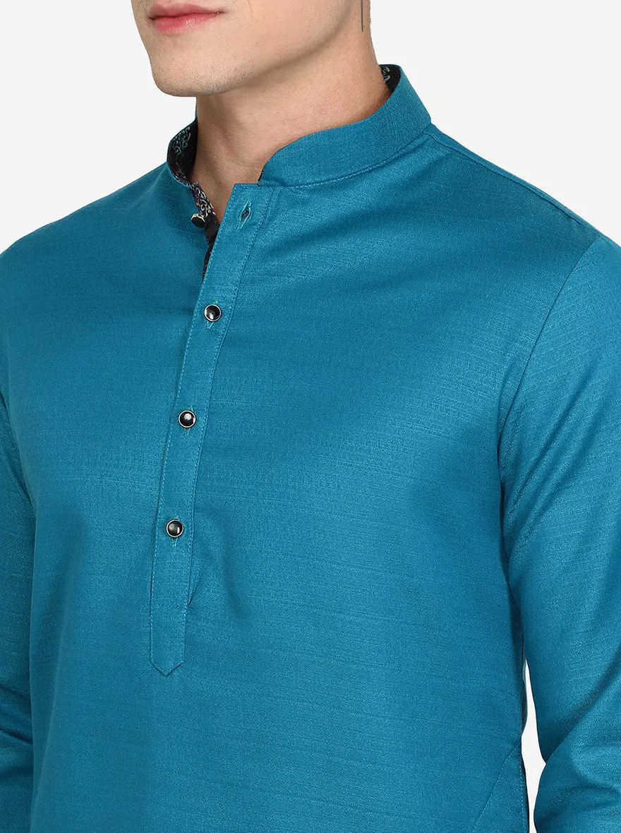 Peacock Blue Solid Silk Blend Kurta | The Kurta Company