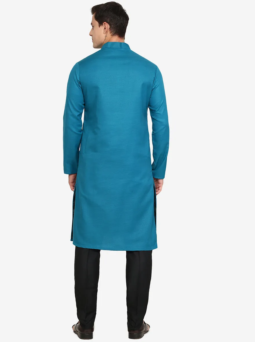 Peacock Blue Solid Silk Blend Kurta | The Kurta Company
