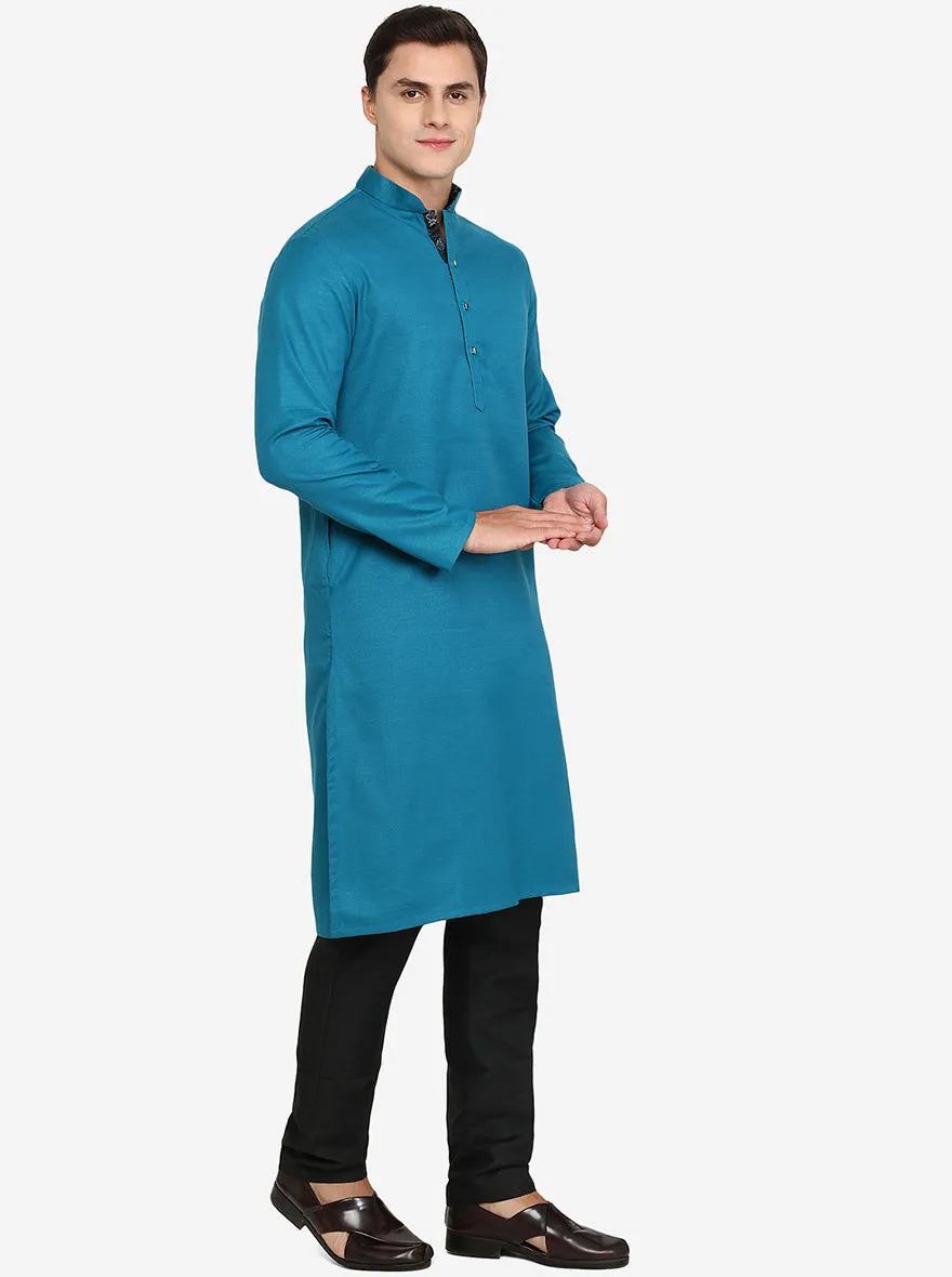Peacock Blue Solid Silk Blend Kurta | The Kurta Company