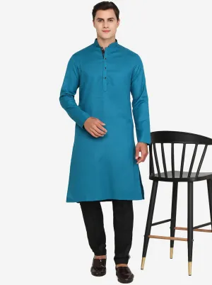 Peacock Blue Solid Silk Blend Kurta | The Kurta Company