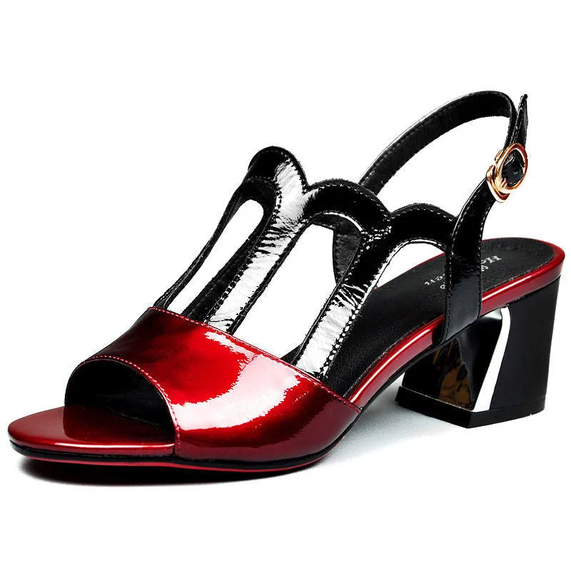 Peep Toe Sandals,Square Mid Heels Summer Shoes,Ankle Buckle,Hollow Out Female Footware,Wine-red,Dropship