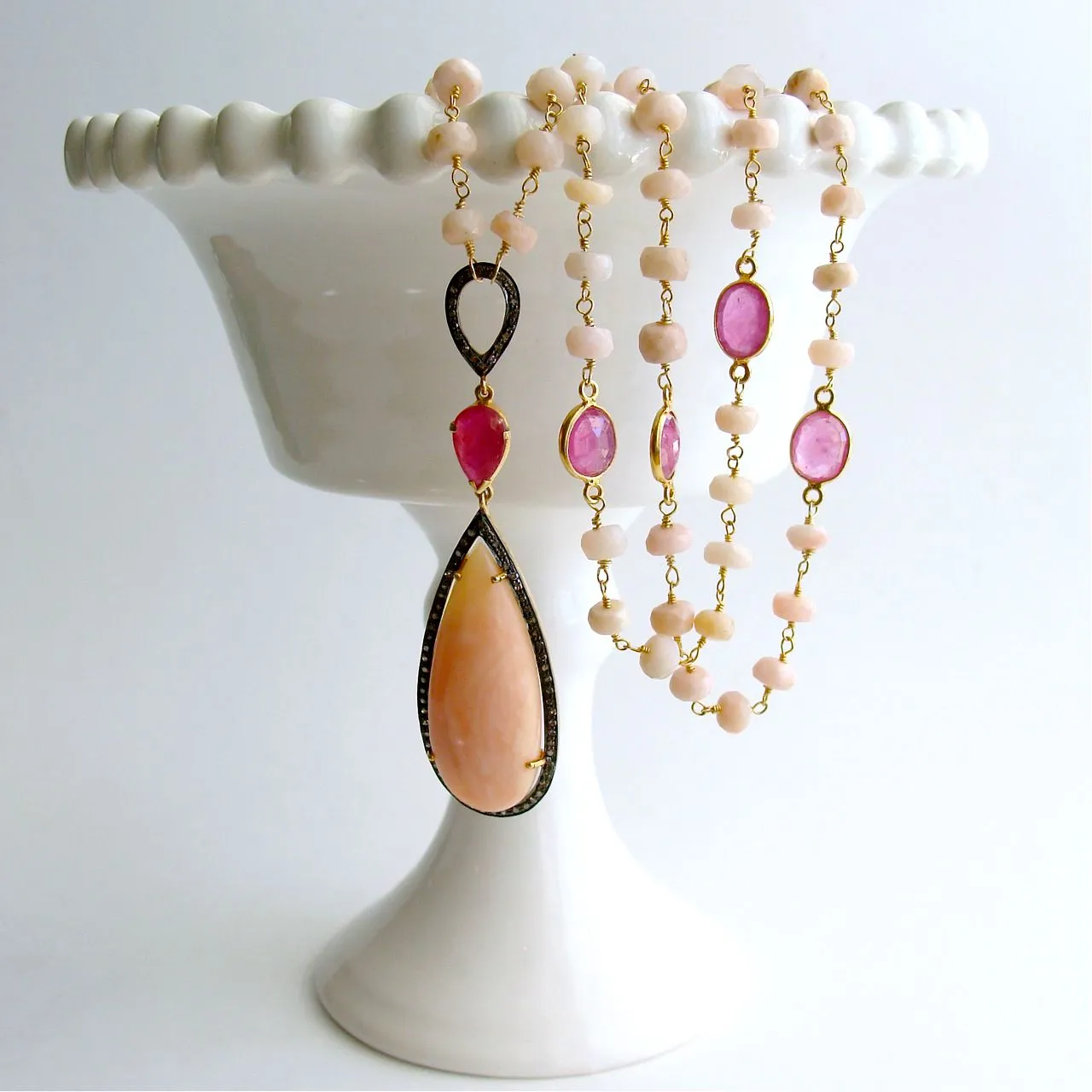 Peruvian Pink Opal Pink Sapphire Diamonds Necklace - Lisette Necklace