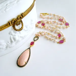 Peruvian Pink Opal Pink Sapphire Diamonds Necklace - Lisette Necklace