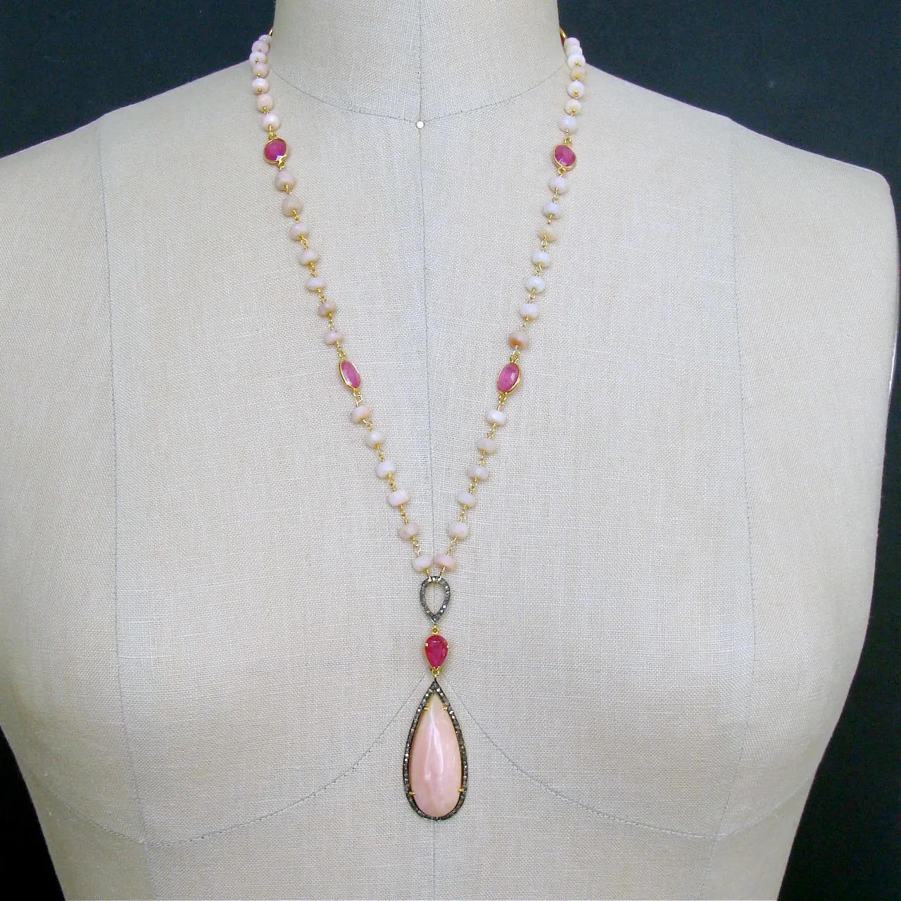 Peruvian Pink Opal Pink Sapphire Diamonds Necklace - Lisette Necklace