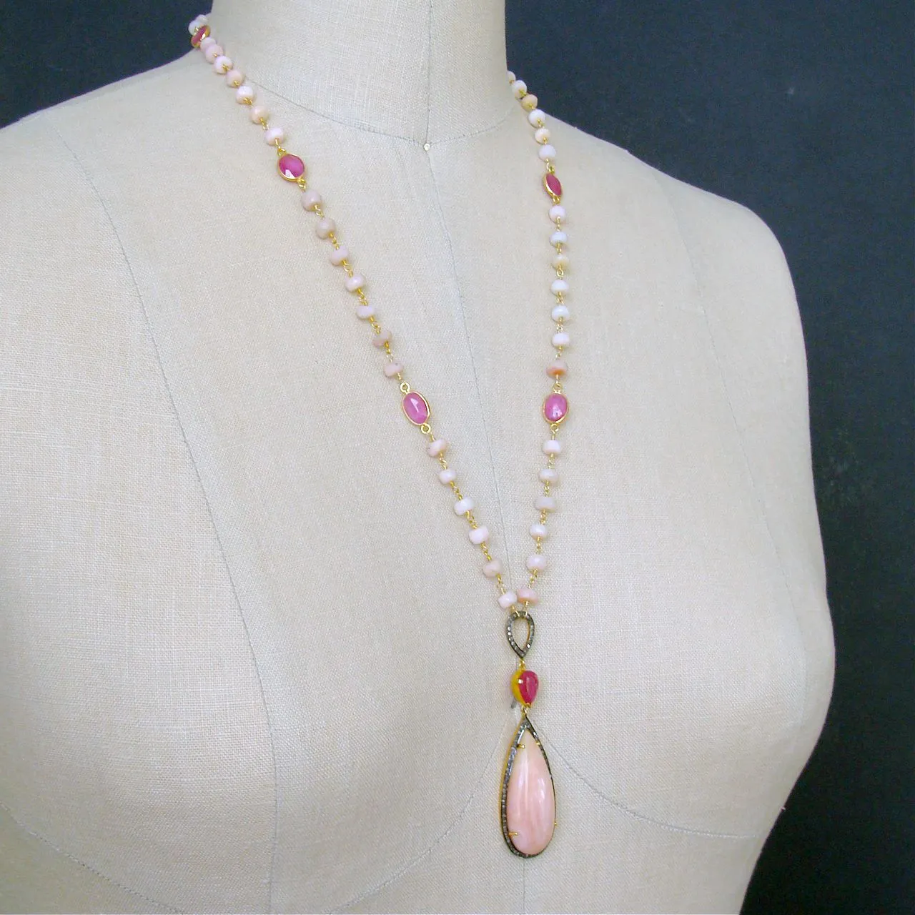 Peruvian Pink Opal Pink Sapphire Diamonds Necklace - Lisette Necklace