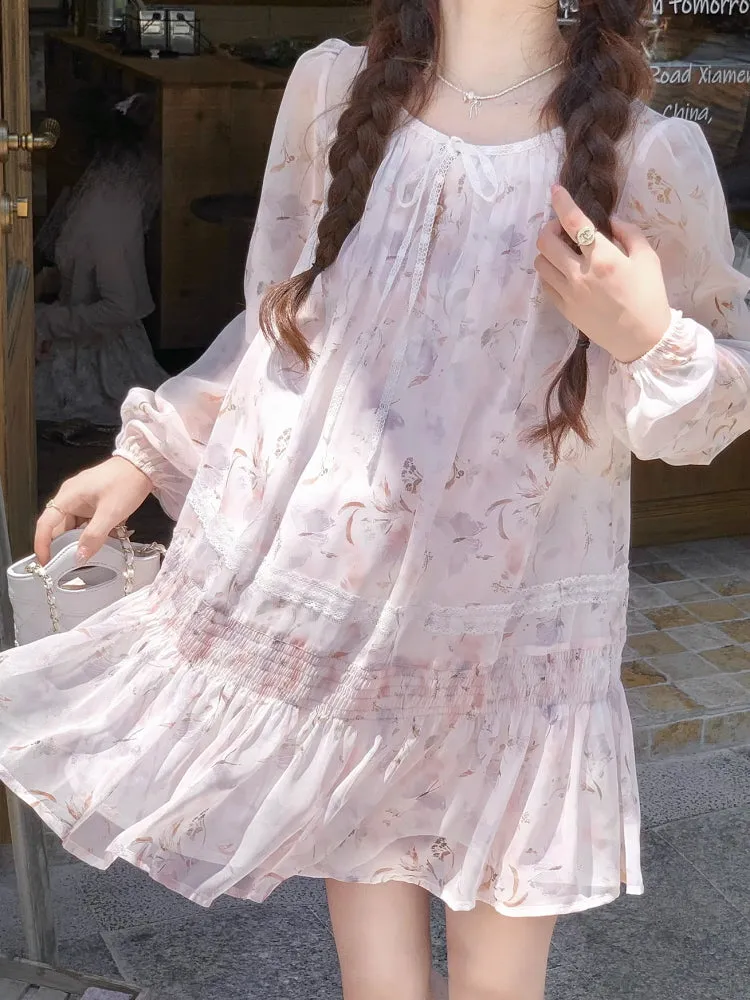 Pink Purple Camellia Chiffon Dress