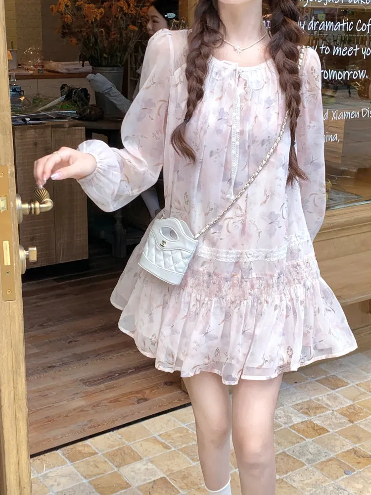 Pink Purple Camellia Chiffon Dress
