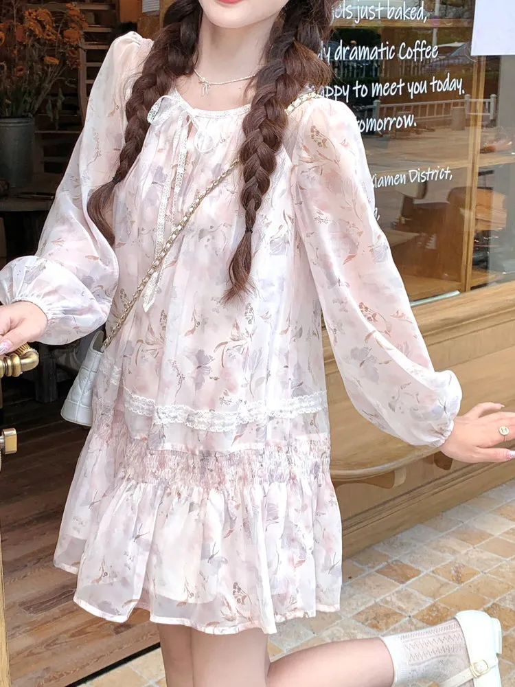 Pink Purple Camellia Chiffon Dress