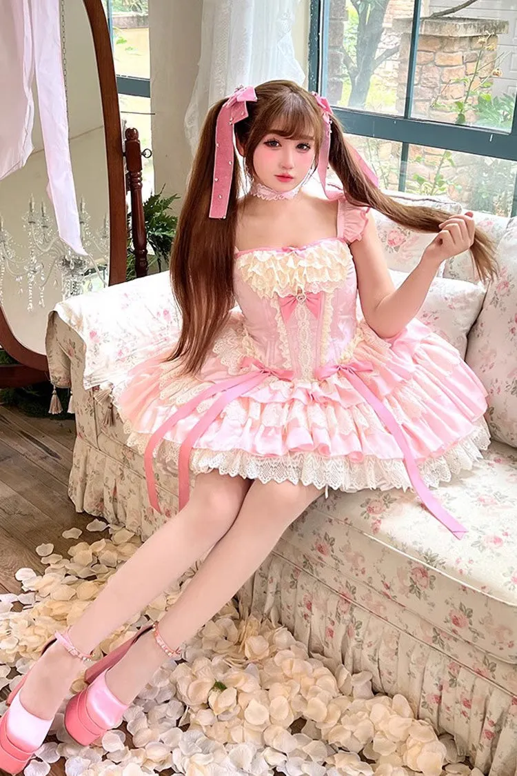 Pink [Strawberry Candy] Multi-Layered Ruffle Bowknot Lace Sweet Ballet Lolita Dress