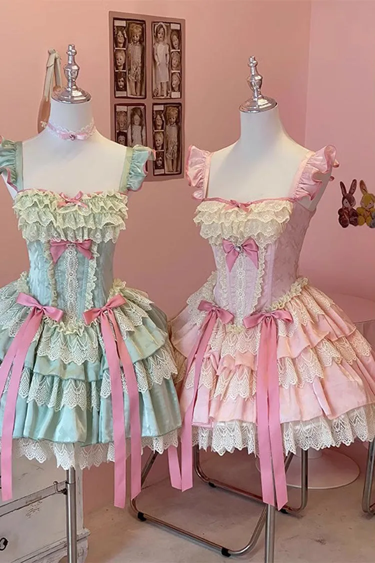 Pink [Strawberry Candy] Multi-Layered Ruffle Bowknot Lace Sweet Ballet Lolita Dress