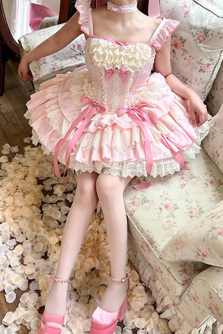 Pink [Strawberry Candy] Multi-Layered Ruffle Bowknot Lace Sweet Ballet Lolita Dress