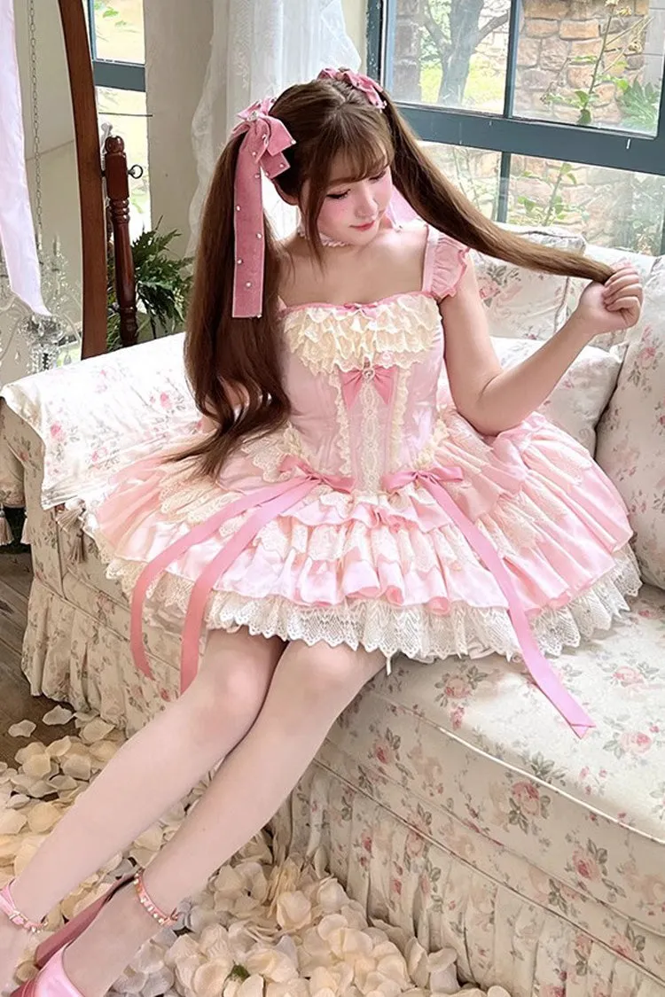 Pink [Strawberry Candy] Multi-Layered Ruffle Bowknot Lace Sweet Ballet Lolita Dress