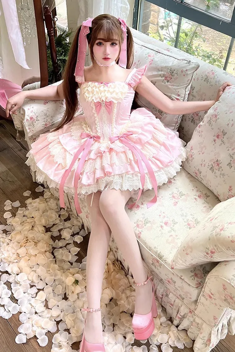Pink [Strawberry Candy] Multi-Layered Ruffle Bowknot Lace Sweet Ballet Lolita Dress