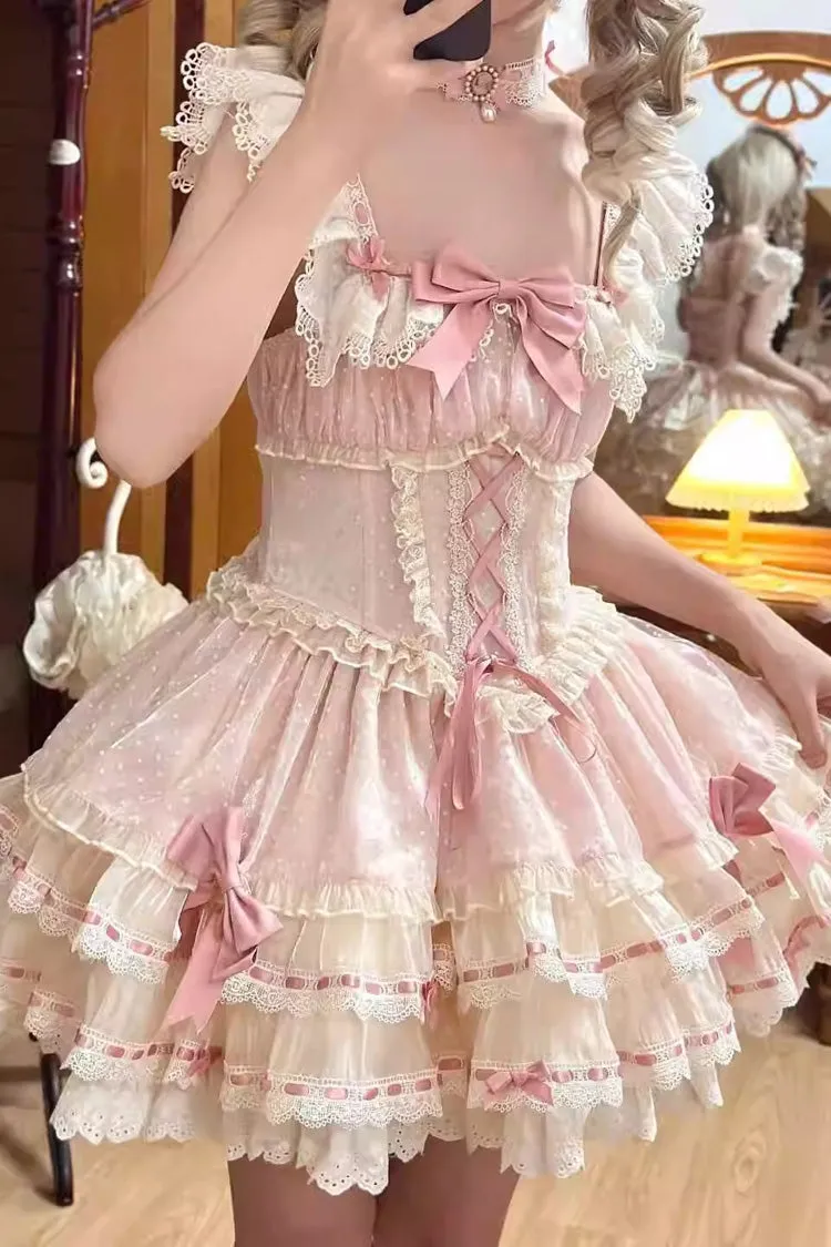 Pink Triple-Layered Bowknot Lace-Up Sweet Princess Ballet Lolita Jsk Dress