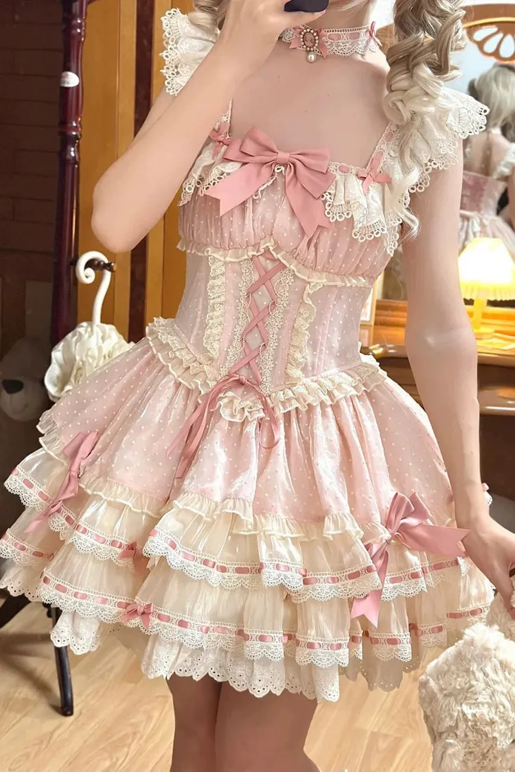 Pink Triple-Layered Bowknot Lace-Up Sweet Princess Ballet Lolita Jsk Dress