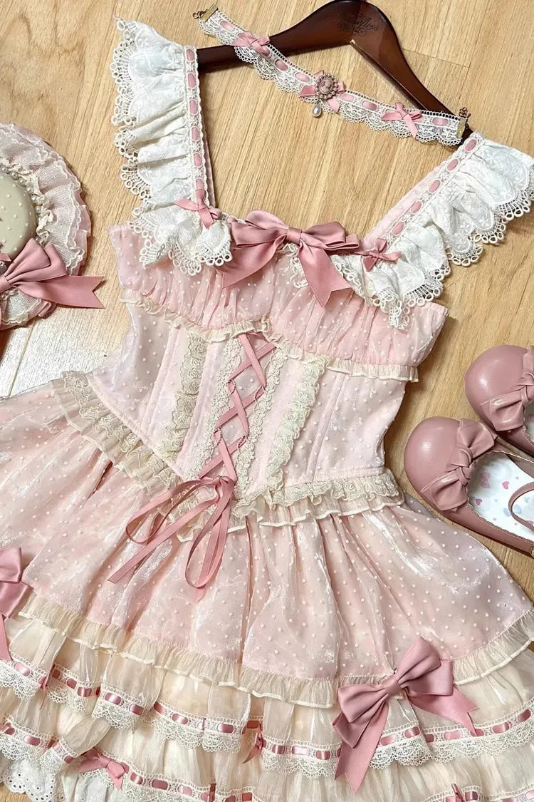 Pink Triple-Layered Bowknot Lace-Up Sweet Princess Ballet Lolita Jsk Dress