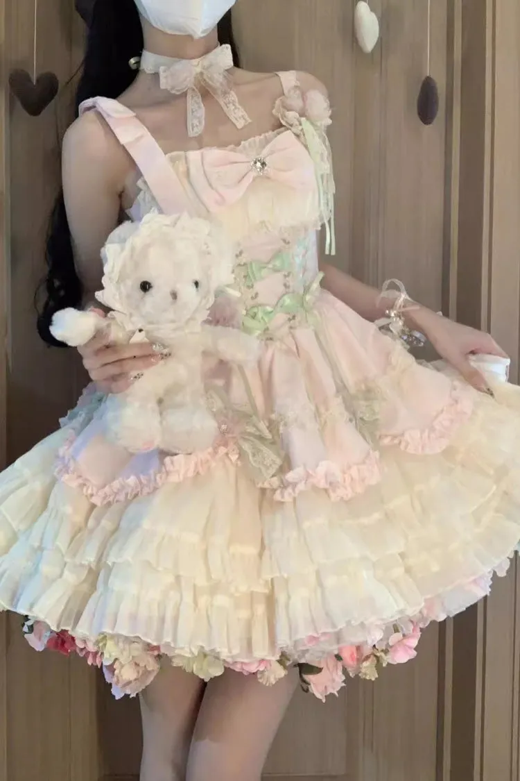 Pink/Ivory Ballet Style Garden Multi-layer Ruffle Bowknot Lace Sweet Lolita Jsk Dress