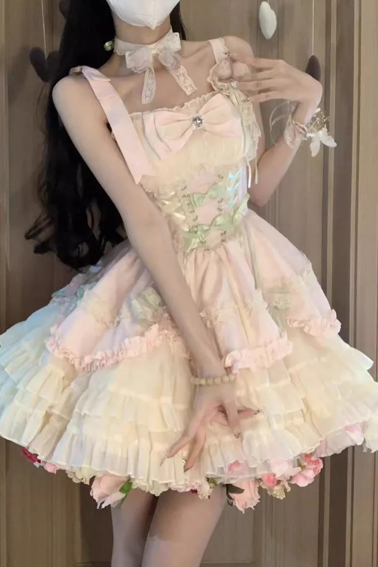 Pink/Ivory Ballet Style Garden Multi-layer Ruffle Bowknot Lace Sweet Lolita Jsk Dress
