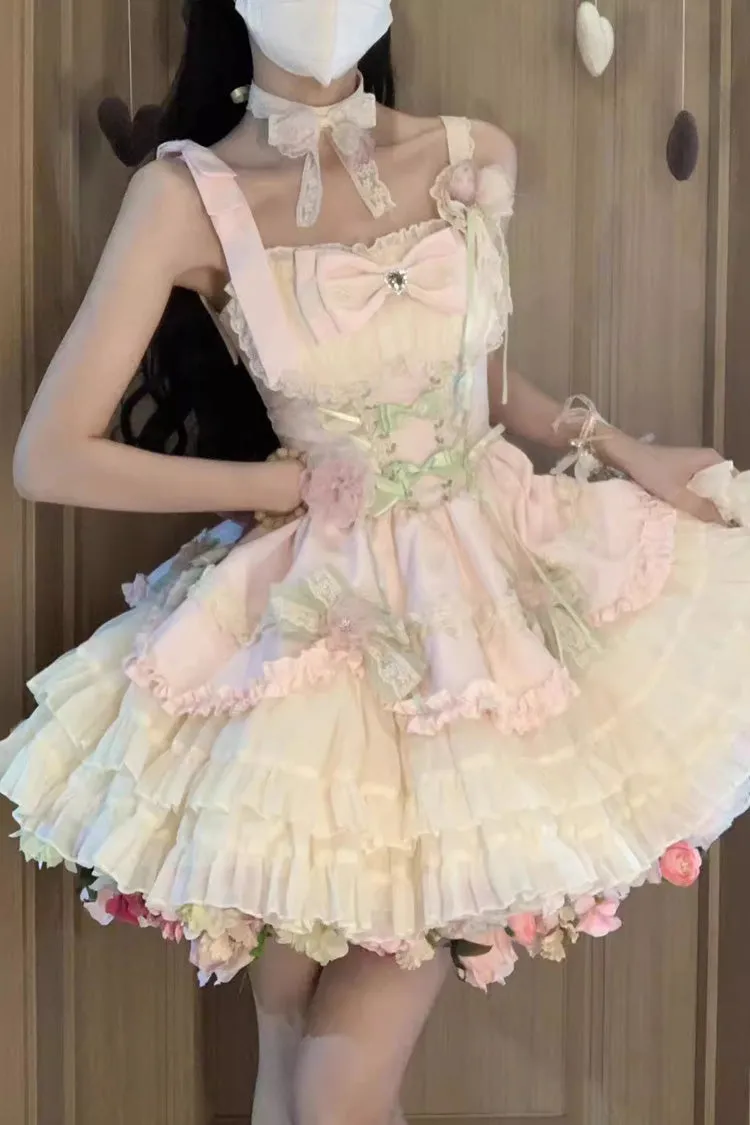 Pink/Ivory Ballet Style Garden Multi-layer Ruffle Bowknot Lace Sweet Lolita Jsk Dress