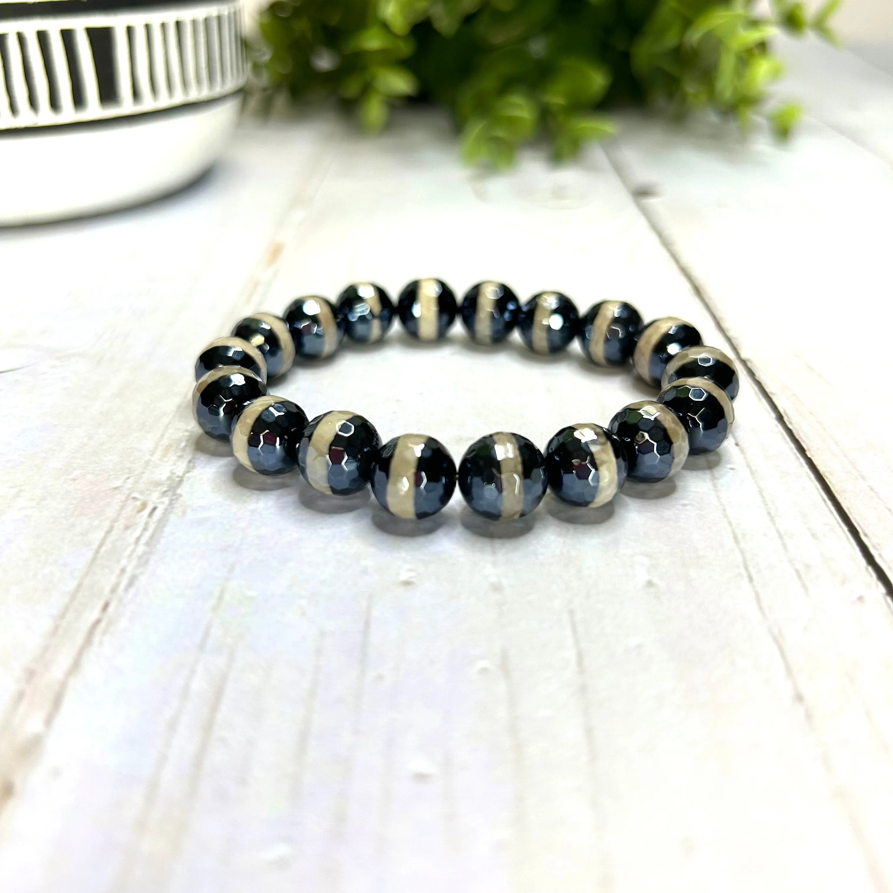 Plated Agate Bracelet- Black with Cream Stripe
