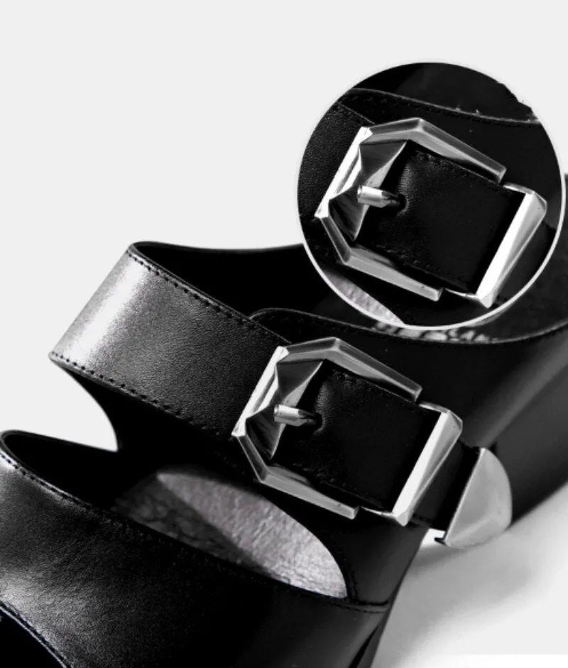 Pointed Toe Buckle Hollow Leather Shoes Male Black Sandals